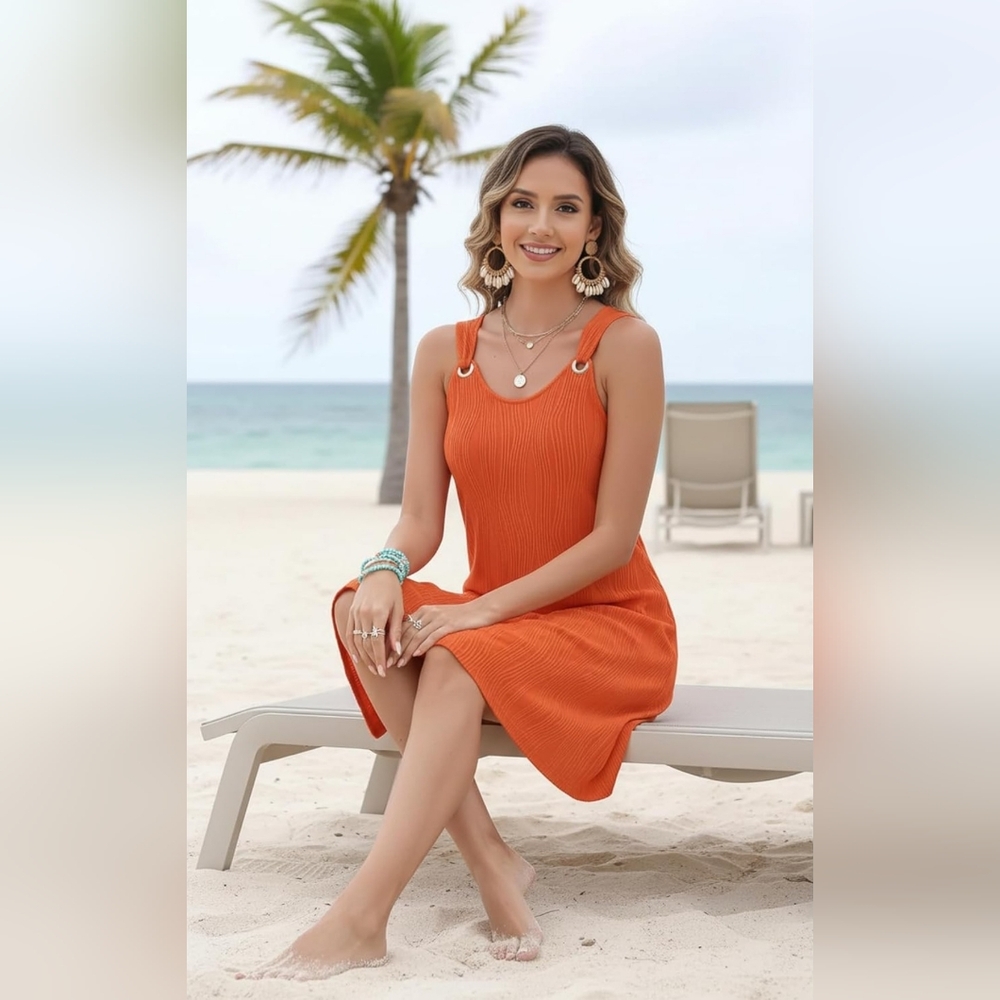 Sleeveless Orange Dress Beach Cover-Up Dress Silver Rings Medium Urbanchic
